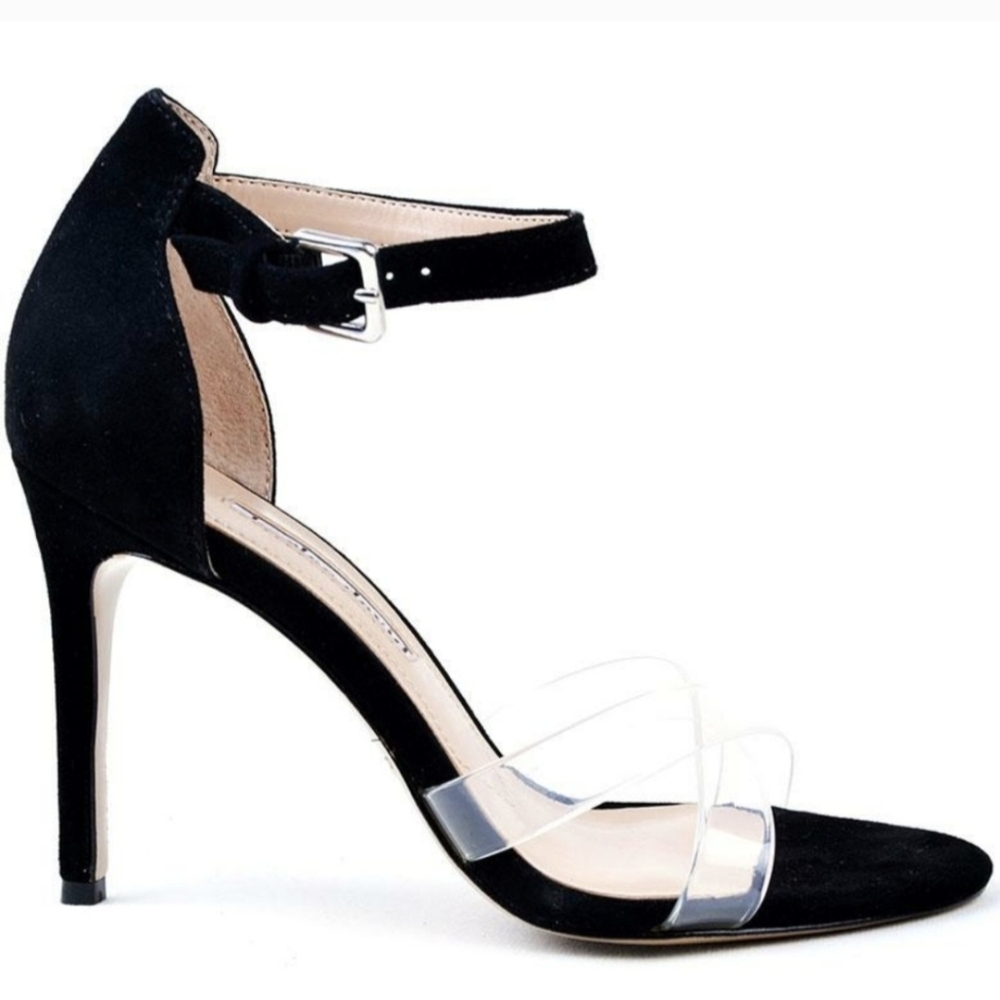 Charles David Celestial Stiletto Heels | Black Suede + Clear Vinyl Straps | 9.5